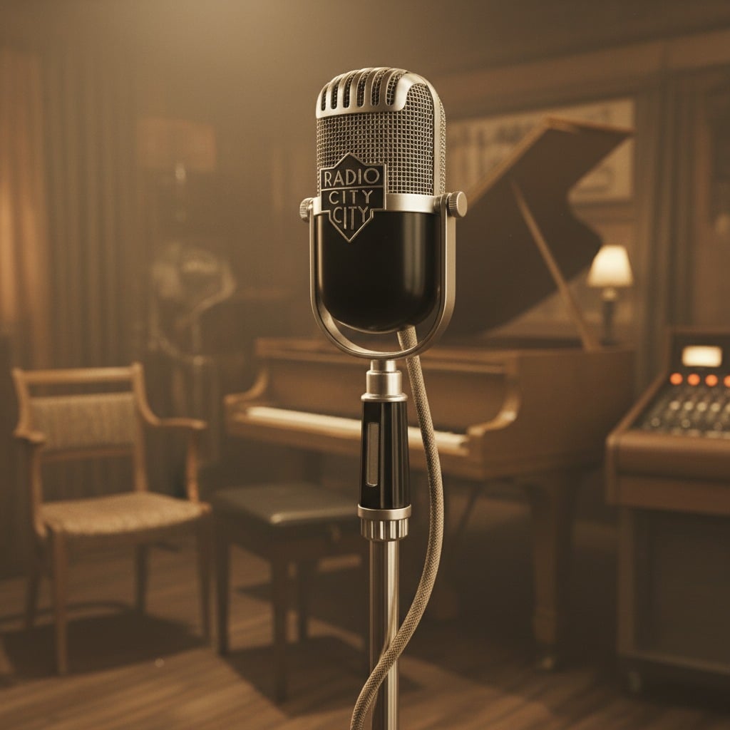 Un micròfon de peu d'estil retro amb el logotip de Radio City es troba en un estudi de gravació amb un piano de cua i una cadira al fons.